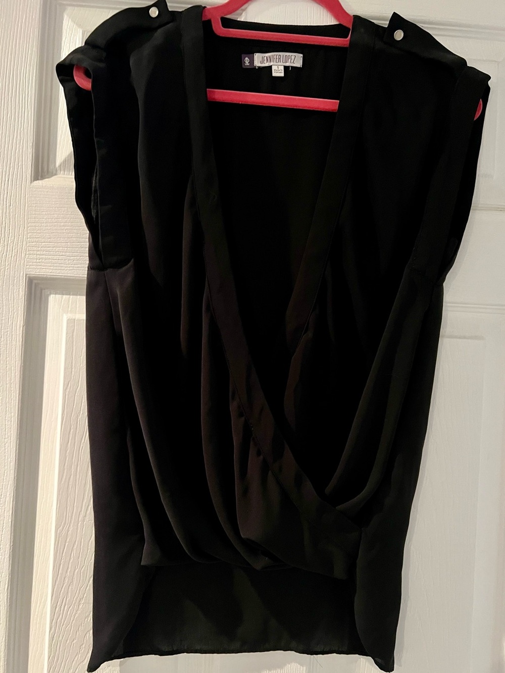 Jennifer Lopez Black Sleeveless Draped V-Neck Blouse